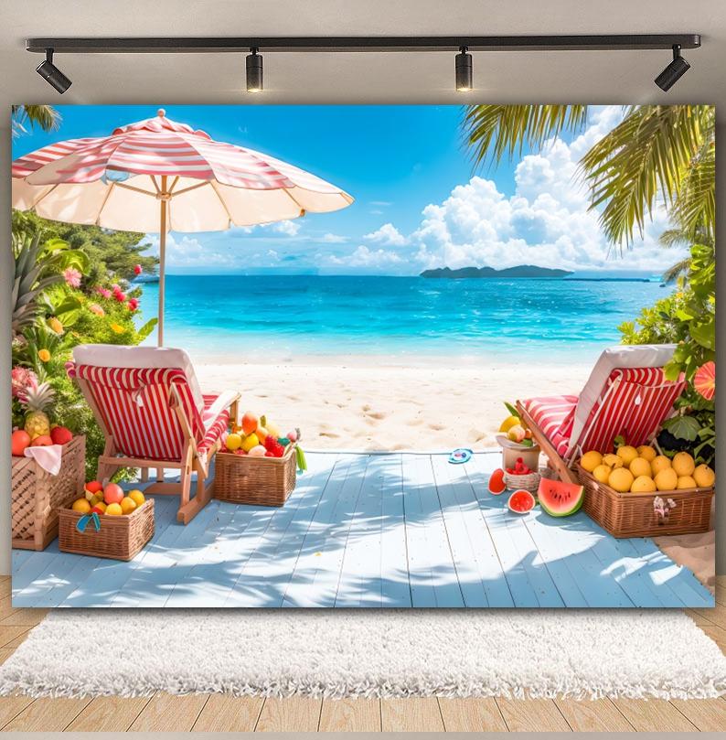 Summer Seaside Fruit Beach Palm Tree Theme Banner Background, Holiday Camping Party Decoration Photography Studio Backdrop Cloth