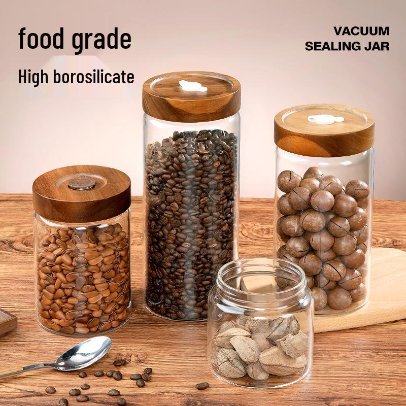 Glass Airtight Coffee Bean Jar with One-Way Vent and Wooden Lid for Food Storage and Preservation