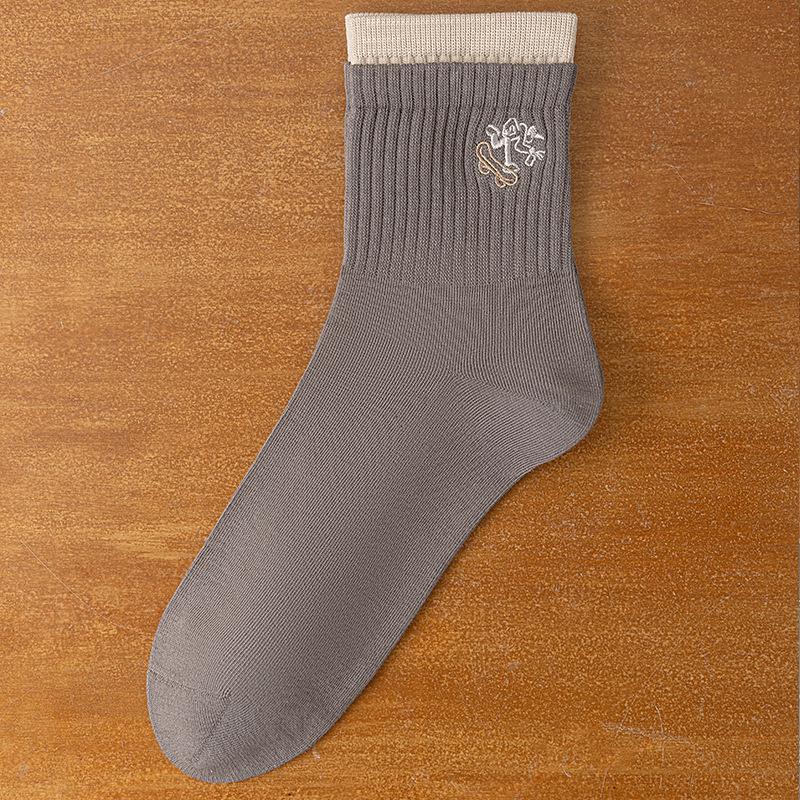 Men's Spring and Autumn New Cartoon Embroidery Match Color Double Mouth Boneless Sport Tube Socks