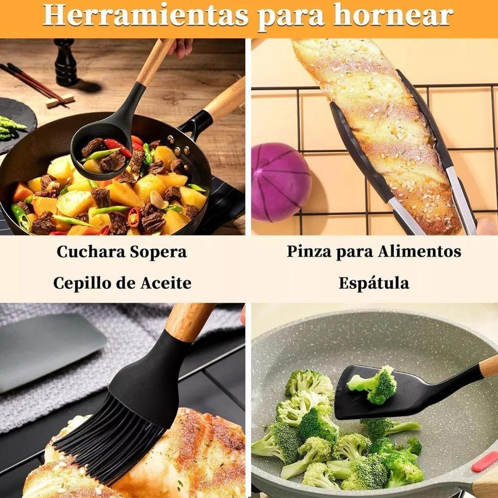 Cooking Utensils Kitchen Utensil Set, 12 PCS Wooden Handle Nontoxic BPA Free Silicone Spoon Spatula Turner Tongs Kitchen Gadgets Utensil Set