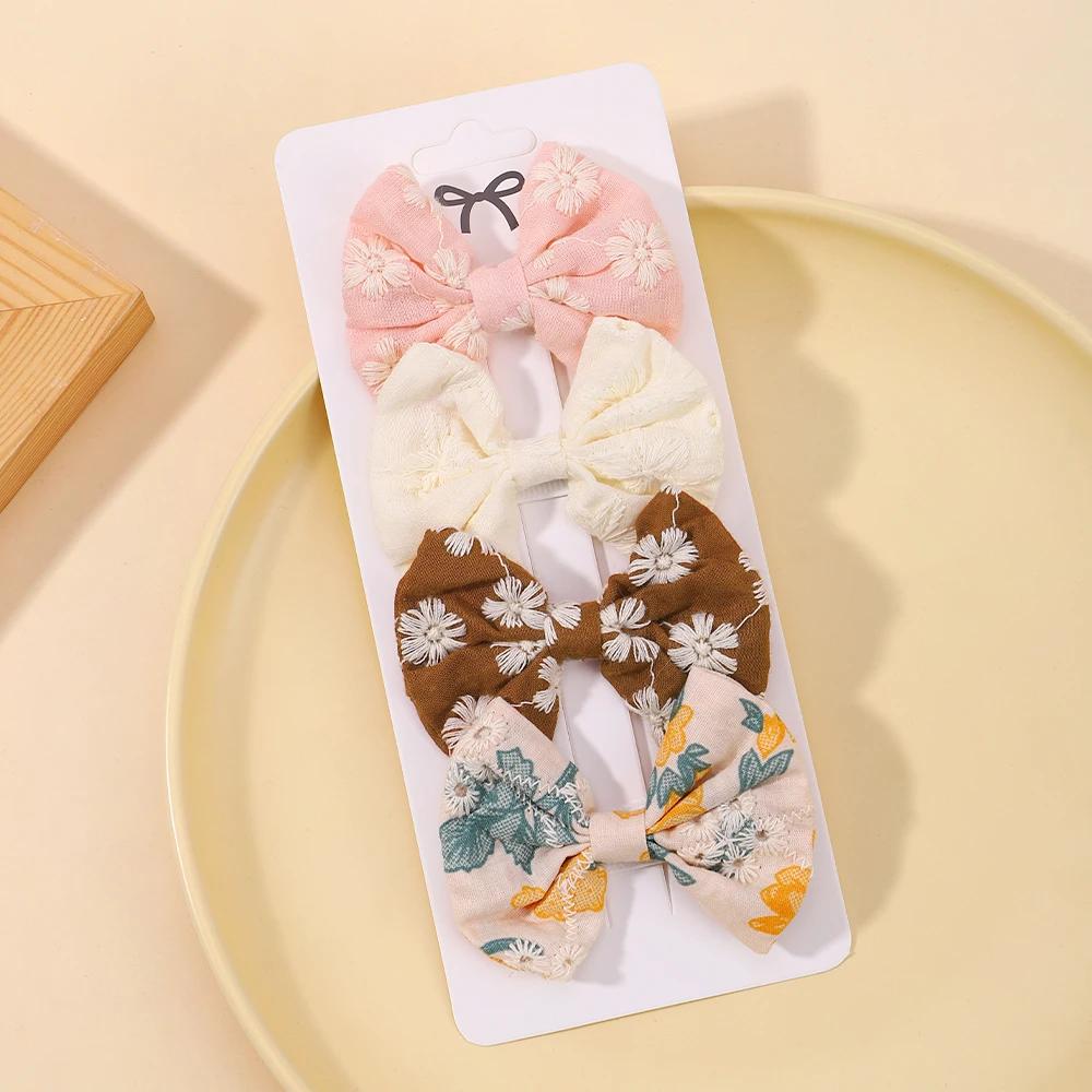 4Pcs/Set Lovely Cotton Bowknot Clips Safe Hairpins Girl Fresh Pastoral Hairclips Baby Hair Accessories Kids Print Hairgripe Gift