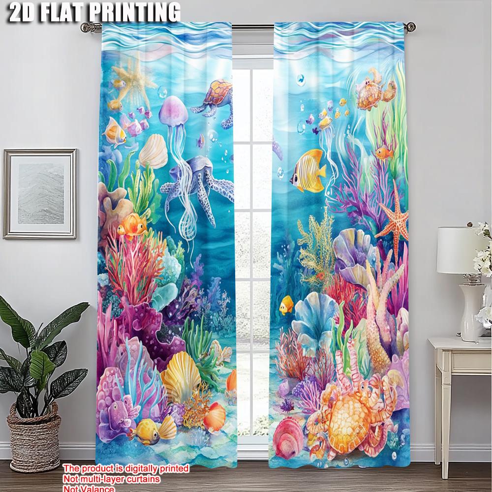 2pcs, Contemporary Curtains 2D Print Ocean Sea Versatile Polyester Fabric (without Rod) All Seasons Perfect for Bedroom & Living