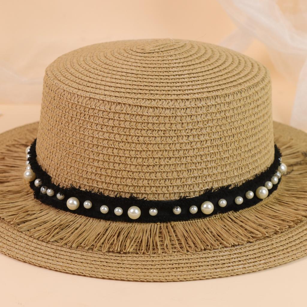 Summer Beach Hat Women's Flat Top Small Gift Hat Breathable Sun Protection Hat Grass Woven Retro