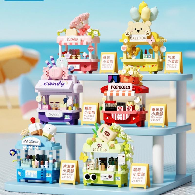 Diy Car Food Hot Dog Cart Truck Ice Cream Store Flower Hamburger Street View Building Blocks Kit Bricks Model Kids Toy Children