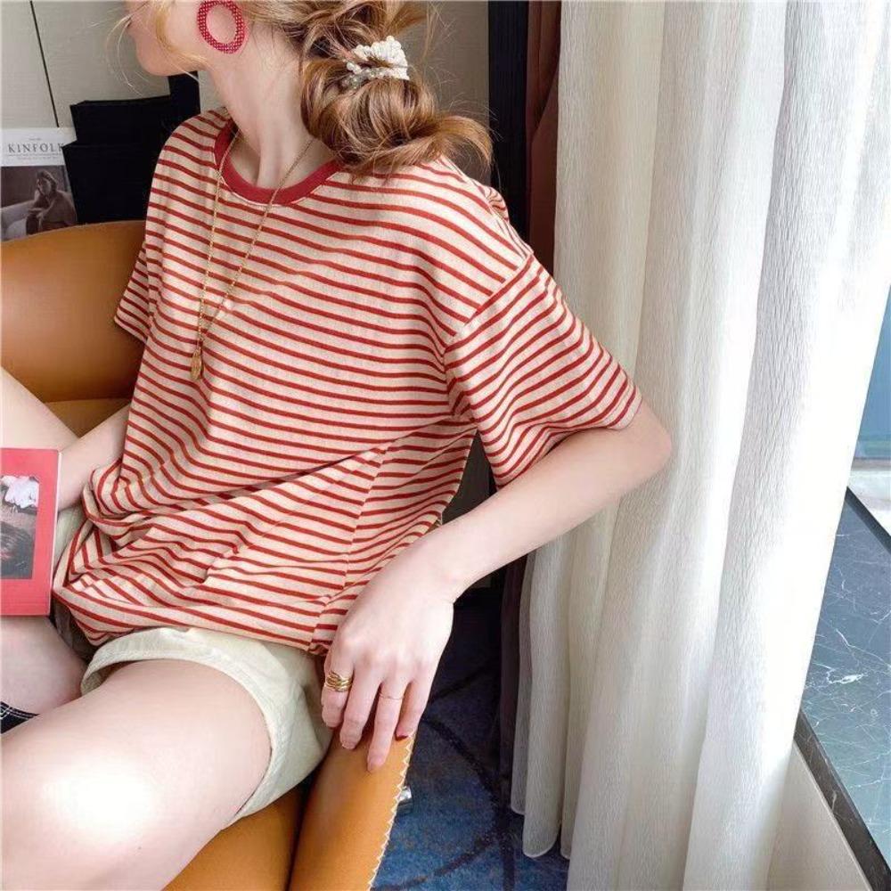 Top da studente a righe larghe, morbida T-shirt, da donna, estiva, coreana, Sle F Sve Ort Sve, top in puro poliestere, versatile, abbigliamento casual