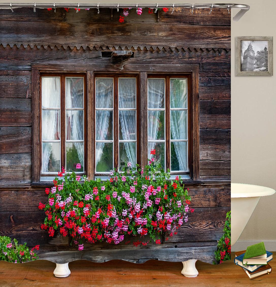 

Rustic Shower Curtain Doors Of An Old Rock House With French Frame Details In Countryside European Past Fabric Bathroom W60H190(CM)-1 Pcs