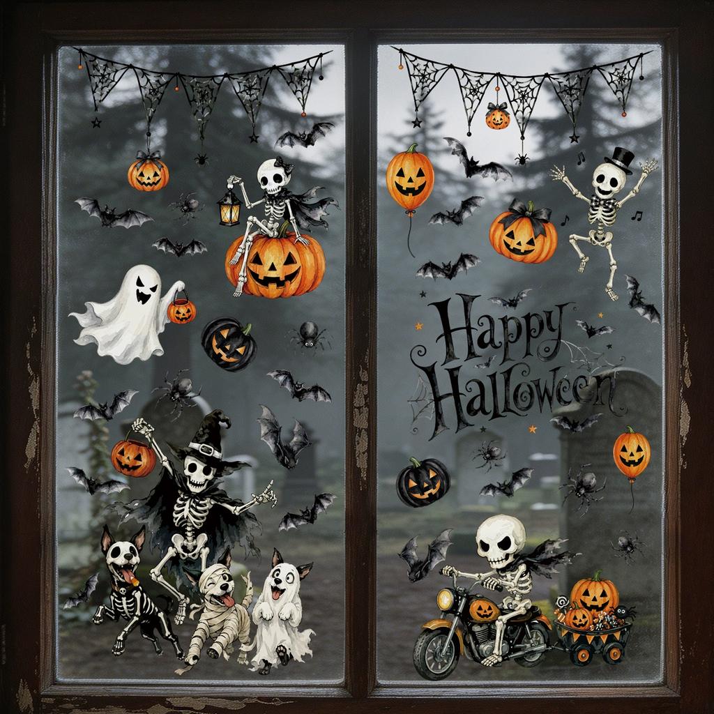 Halloween Static Cling Window Stickers with Skeletons Pumpkins Bats for Party Window Decor