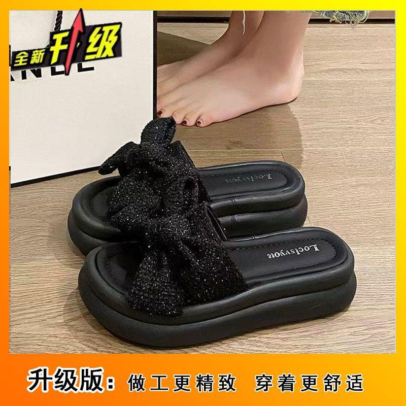 Bow Internet celebrity wearing versatile platform slippers 2025 new fairy style muffin non-slip beach sandals
