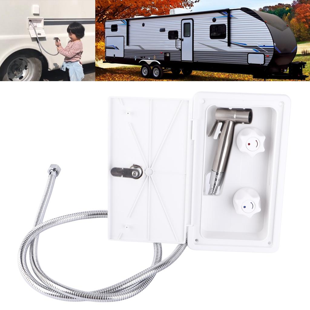 Wohnmobil Außen-Duschbox-Set Doppelventil Kalt Warm Doppelregler mit Metallschlauch Duschkopf Schloss Schlüssel