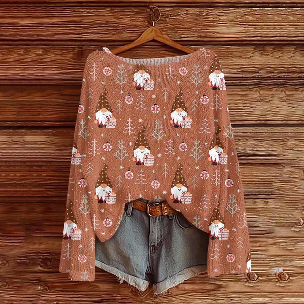 Ladies' Fashionable Casual Long Sleeved Christmas Printed Round Neck Knitted Yarn