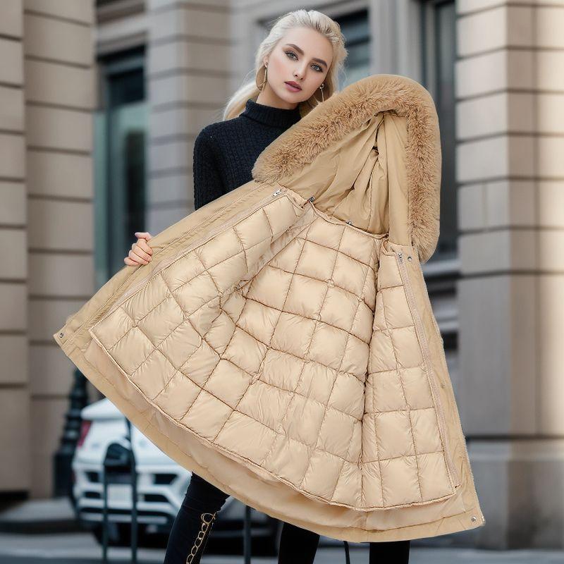 

Женская осенне-зимняя модная облегающая хлопковая куртка средней длины с большим меховым воротником и утолщенным хлопковым пальто XXXL хаки