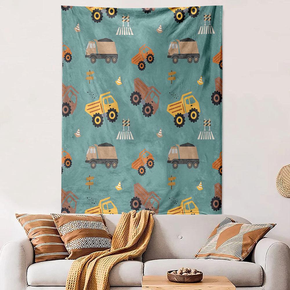 Construction Trucks Pattern On Teal Background Patterned Tapestry Decorative Wall Hanging, Home Bedroom Living Room Decor