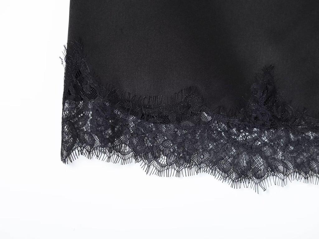 2025 Autumn European Women's Black Lace Satin Skirt