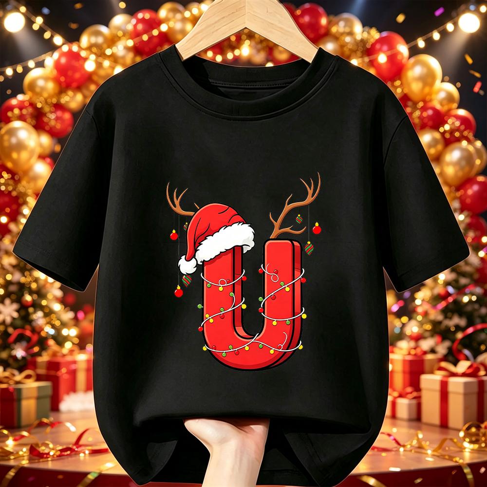 Cotton Kids Christmas T‑Shirt Cartoon Santa Antlers String Light A‑Z Print Short Sleeve O‑Neck X‑mas Party Tee Children Clothing
