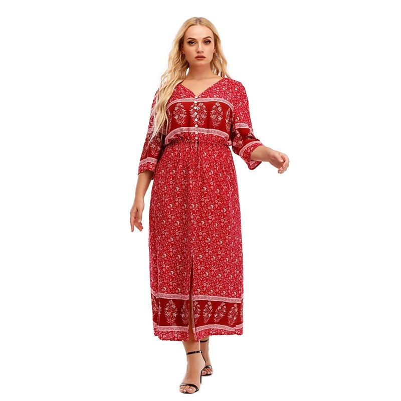 

Plus-size Dress Short-sleeved V-tied Printed Long Dress 1XL красный