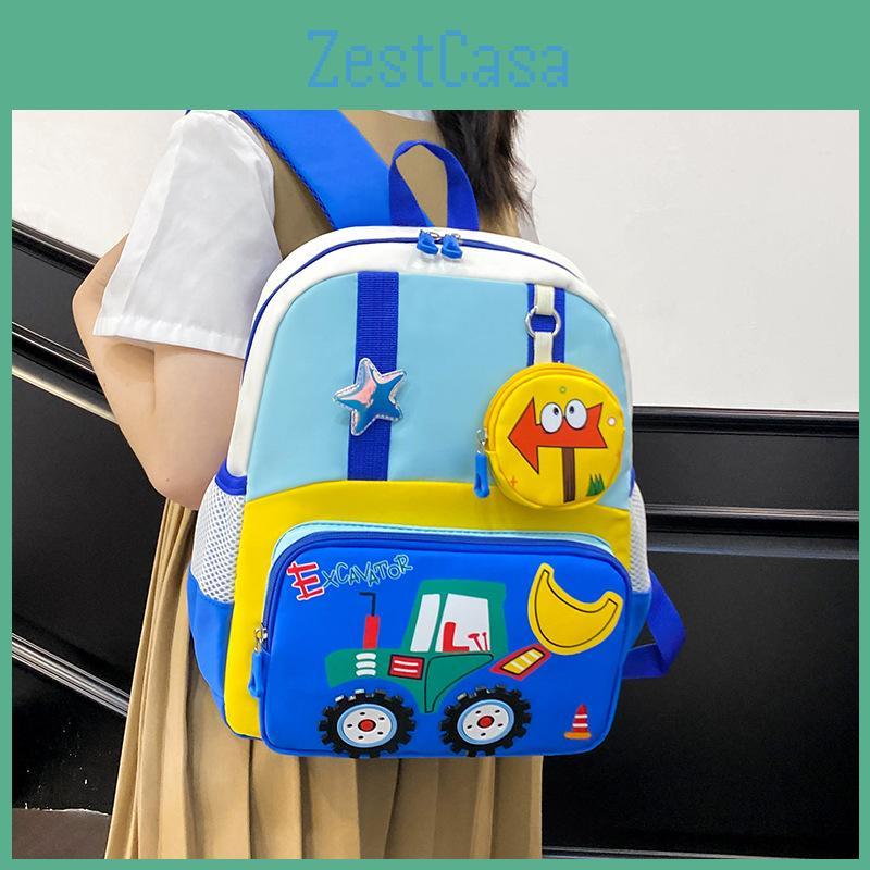 School Kids Bag With Cartoon Car Prints And Star Decor For Daily Kindergarten