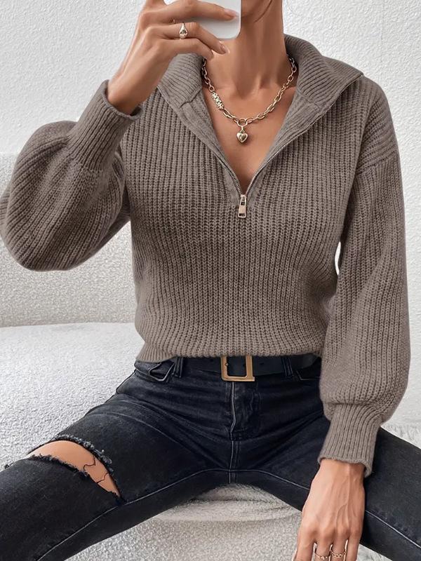 Women's Knitted Polo Collar Zipper Sweater: Solid Color, Loose Fit, Long Sleeve