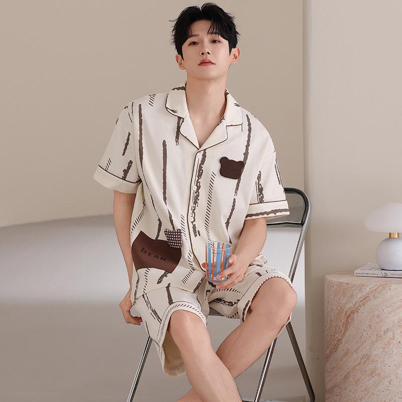 Pure Cotton Couple Pajamas Summer 1011 New Cartoon Cute Short-sleeved Shorts Can Be Worn Outside Men's and Women's Loungewear Suits