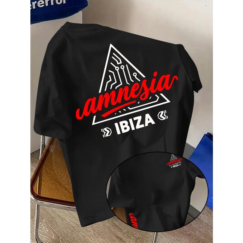 European Sizes Men'S Casual T-Shirt Featuring an Amnesia Ibiza Letter Graphic Print, Designed for Electronic Music Enthusiasts