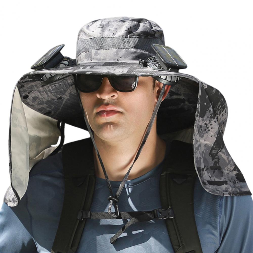 Solární klobouk s ventilátorem a klapkou na krk, dobíjecí přes USB, UV, duální chladicí ventilátor, rybářský klobouk, skládací, pro muže a ženy, rybářský, turistický, Mou
