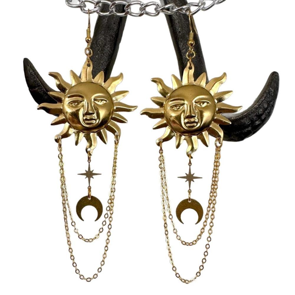 Bohemian Retro Gold Abstract Human Face Sun Moon Pendant Tassel Chain Dangle Earrings for Women Stainless Steel Trendy Jewelry