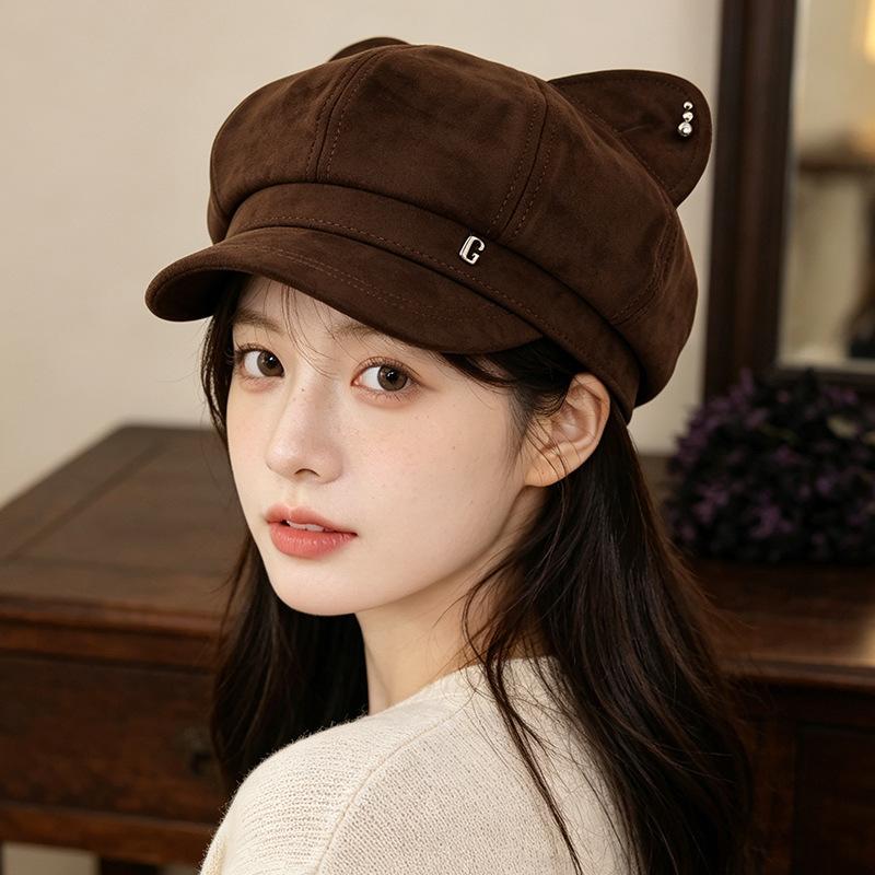 Cute and sweet cat ear hat ins wind versatile newsboy hat versatile octagonal hat British face little cap