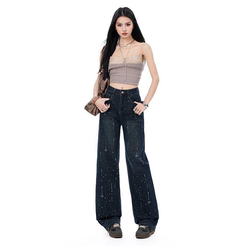 Spring Summer Rhinestone Vintage Relaxed Drape Floor Straight Wide Leg Denim Pants For Women Casual Pants Oversize Denim Trousers