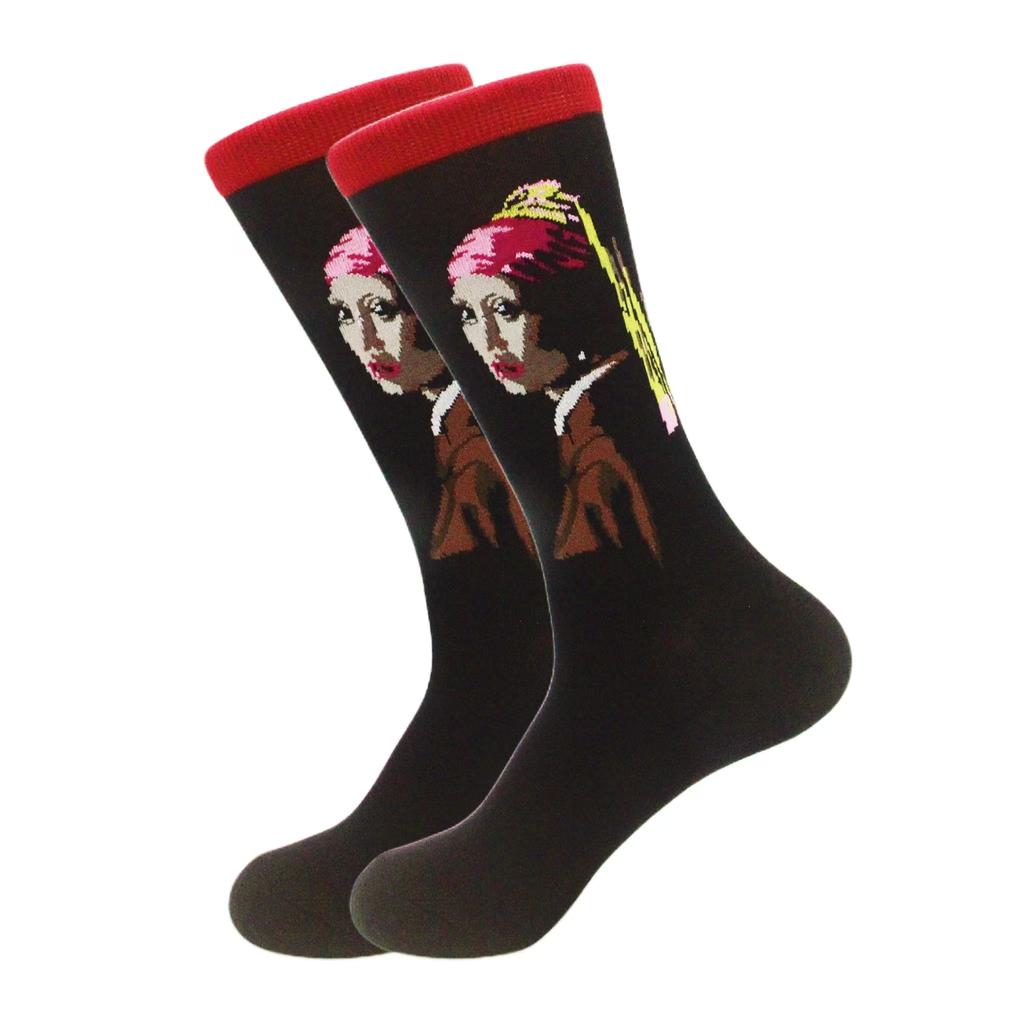 1 pair of European and American trendy socks with personalized street fashion oil painting series socks