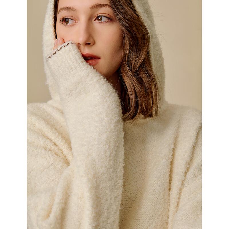 INMAN Women's Hooded Boucle Wool Blend Zipper Sweater