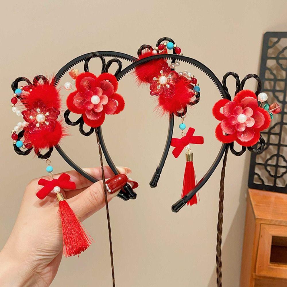 Tassel Children Wig Headband Braid Hair Red Bow Hairband Sweet Hanfu Hair Sticks  Girls
