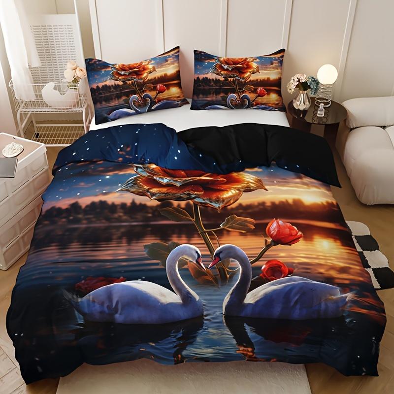 Swan & Rose Couple 3Pcs Bedding Set - Includes Soft Duvet Cover And 2 Pillowcases, Breathable Polyester, Machine Washable