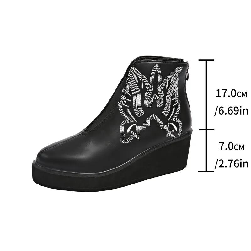 Retro Embroidered Platform Pu Leather Womens Ankle Boots Autumn/Winter Round Toe Wedges Botas Rear Zipper Gothic Shoes