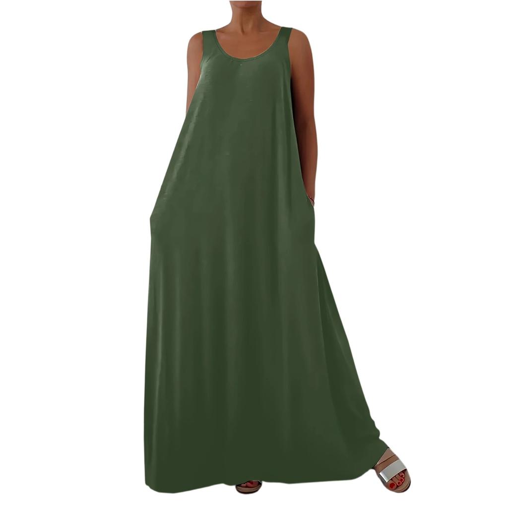 Women's Fashionable Color V Neck Sleeveless Casual Loose Fitting Pullover Long Dress