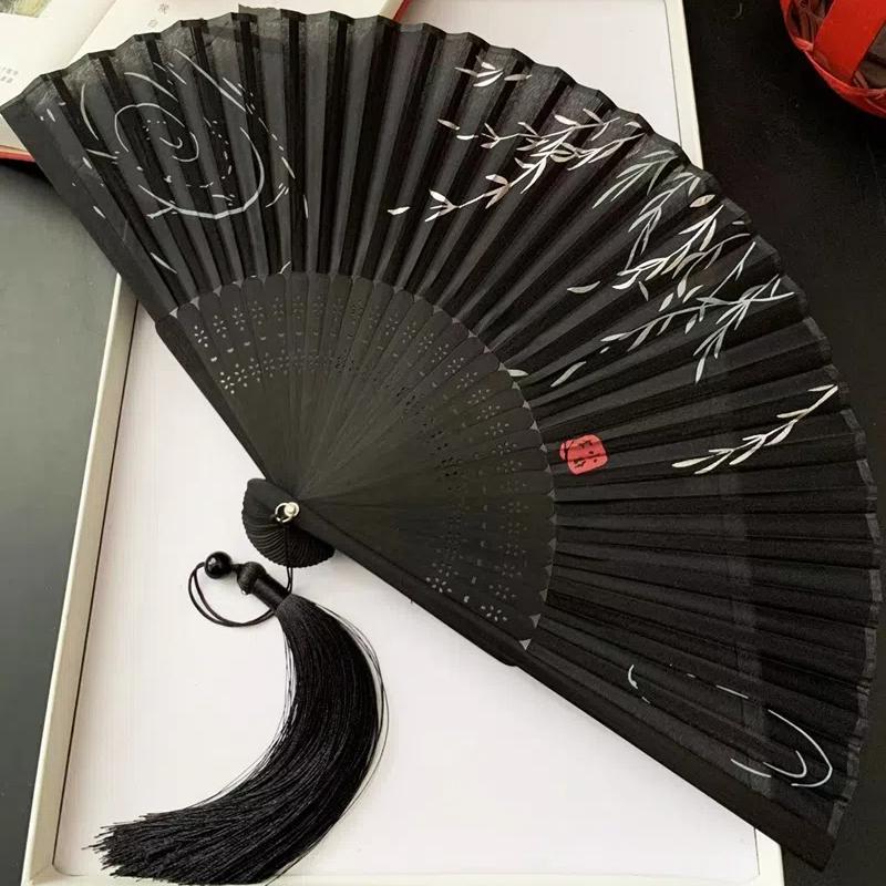 Ancient Chinese Style Small Dance Fan Summer Portable Hanfu Cheongsam Hand Held Fan Green Bamboo Ribs Single-Sided Folding Fan