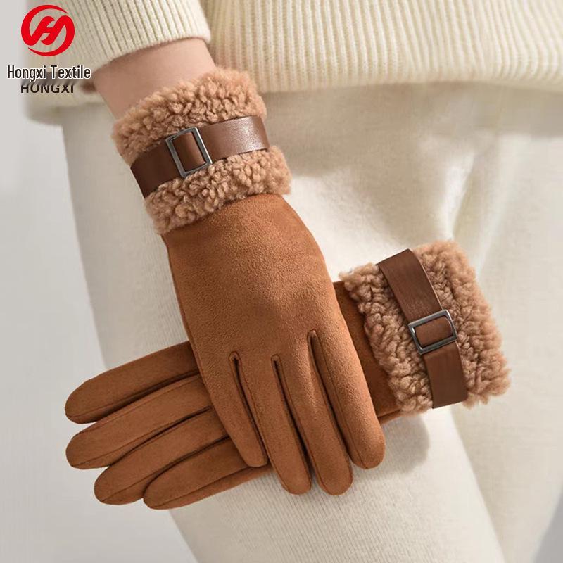 Women's Winter Touchscreen Suede Gloves - Velvet Thickened, Windproof, and Warm for Cycling and Outdoor Protection.