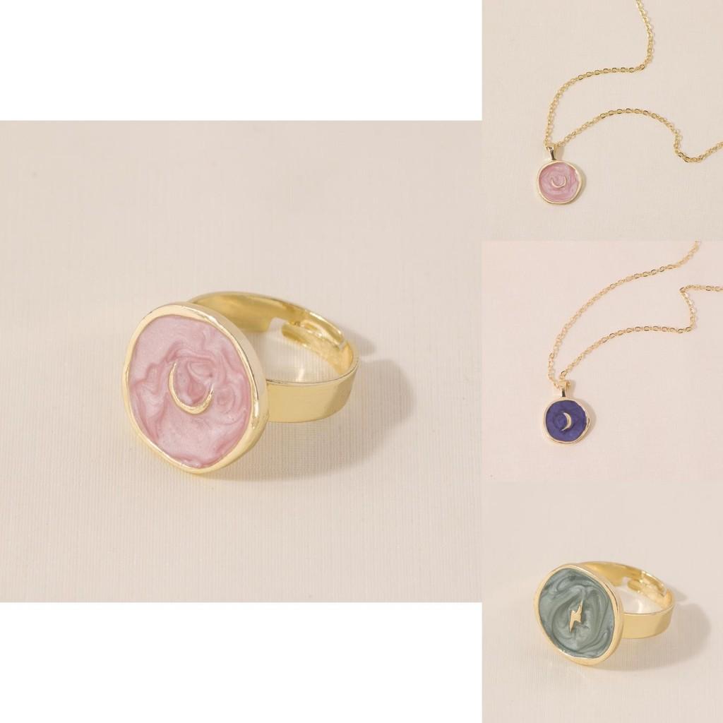 Elegant Heart Moon Star Earrings Ring Necklace Set Geometric Alloy Plated Jewelry