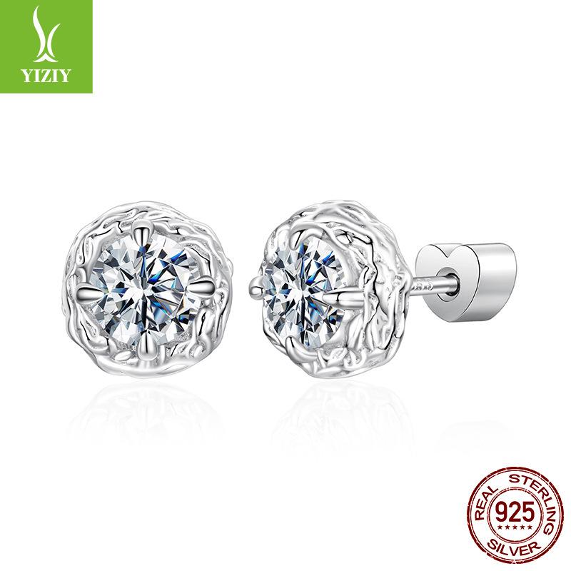 D Color Texture Rock Sugar Moissanite Stud Earrings Women Shine Luxury S925 Sterling Silver Stud Earrings