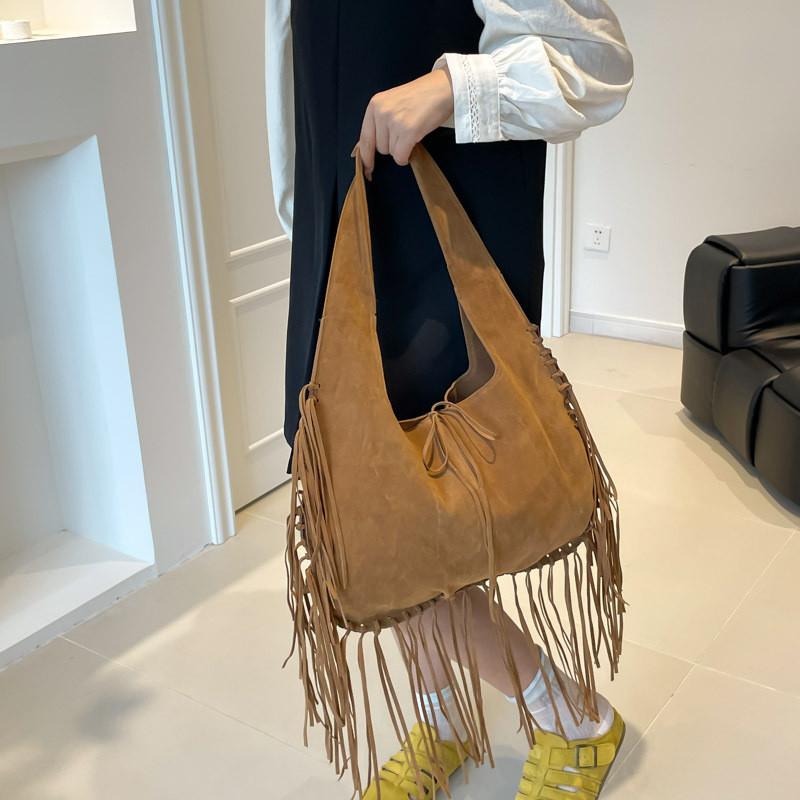 Borsa a Spalla Tote in Camoscio Vintage con Design a Frange e Colore Solido per Uso Quotidiano