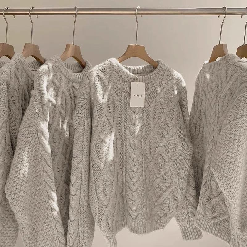 Retro Korean Off White Fried Dough Twists Sweater Women Thickened Outer Loose Lazy Style Thin Wool Knitting Top Female