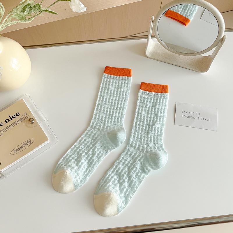 

Color Contrasting Socks Women S Summer Thin Mesh Breathable Medium Tube Socks Tide Color Matching Girl Stacking Socks Summer One size светло-синий