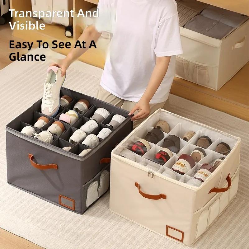 Foldable Shoe Organizer Box With Transparent Compartments Dustproof Moisture Resistant Portable Zippered Storage For Home