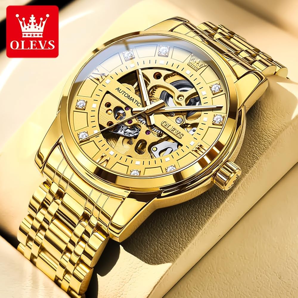 OLEVS Automatic Skeleton Men's Watch Gold Band Gold Dial Luxury Waterproof Mechanical Dress Watch