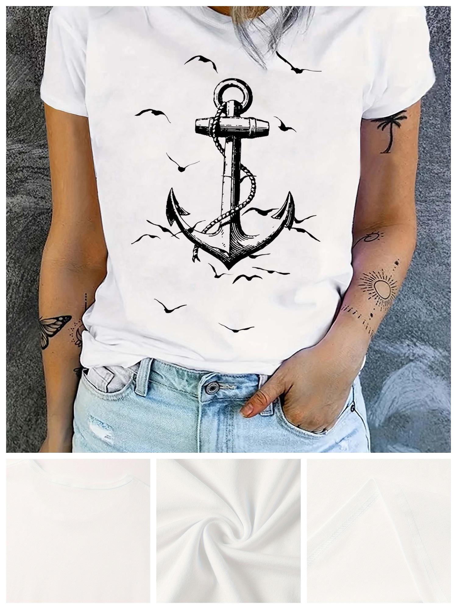 Nautical Anchor Birds Palm Tree Sun Tattoo Graphic T-shirt XXXL