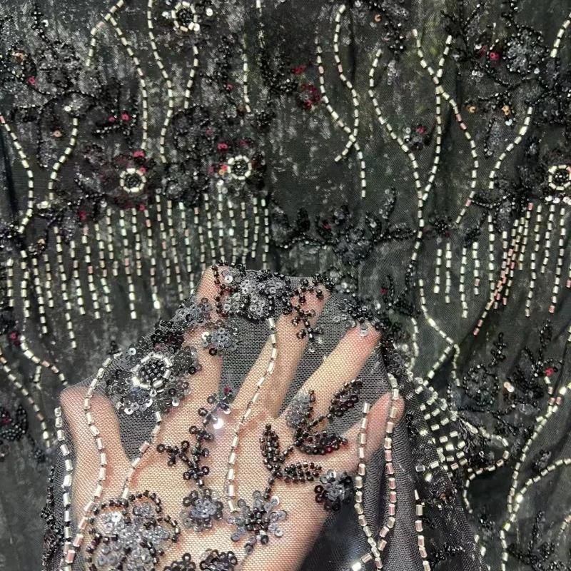 Elegant Beads Sequins Lace Fabric Sequins Embroidered Lace Fabric Diamond Fringe Wedding Dress Material for Clothing