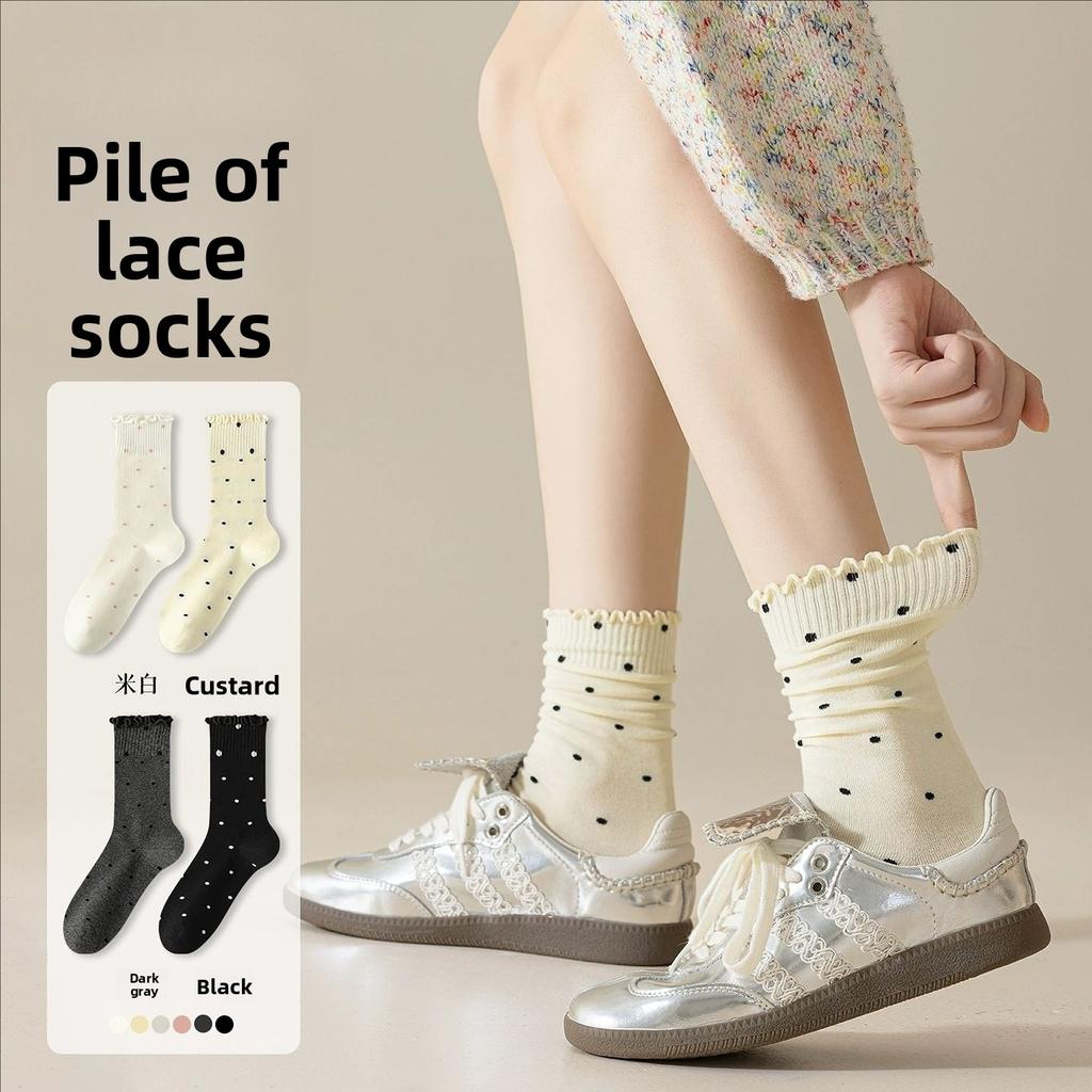 Female Autumn and Winter Solid Color Polka Dot Lace Medium Tube Pile Cotton Socks