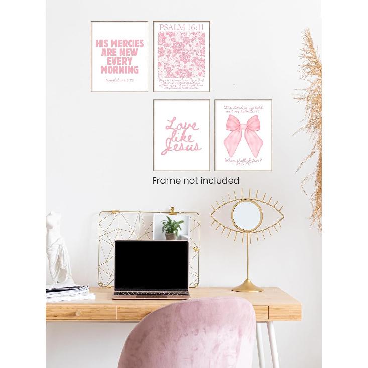 FGFK Girly Pink Christian Wall Art Prints Set of 4, Lamentations 3:23 Psalm 16:11 Psalm 27:1 Bible Verse Preppy Posters Pictures Wall Decor for Girls