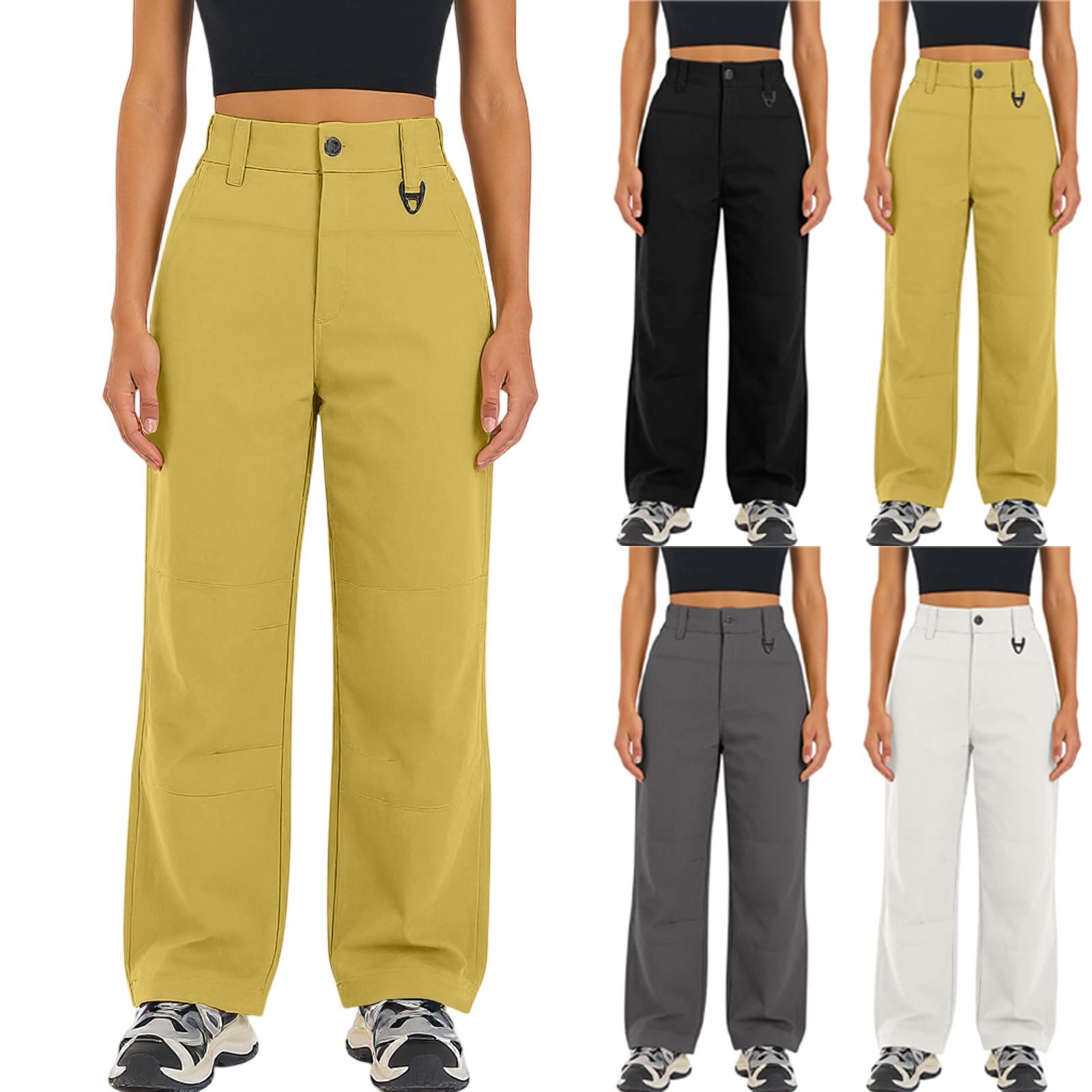 

Ladies Fashionable Solid Color Work Pants With High Waist Pockets And Elastic Waist Casual Pants L чорний