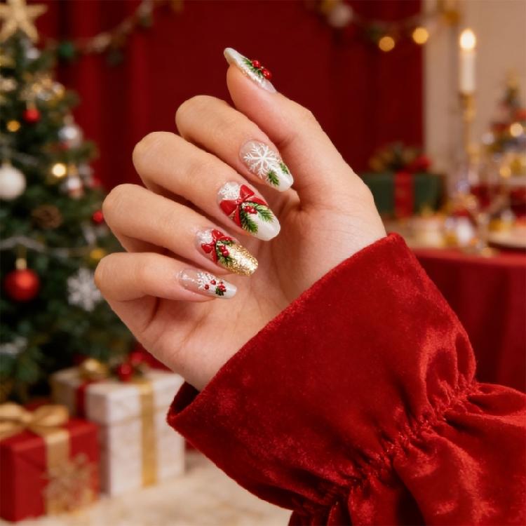 24PCS Artificial Nail Winter Snowflake Bows Design Artificial Nail For Professional Daily Use Manicure Fingernails