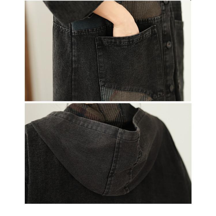 European Style Patchwork Denim Jacket Women Hooded Loose Fit Long Trench Coat Autumn Oversized Outerwear Plus Size