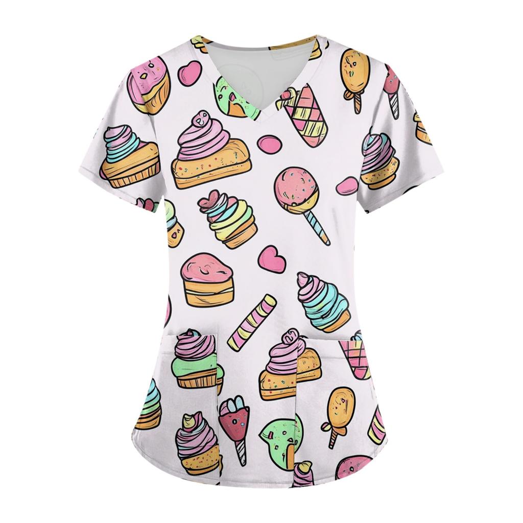 Women's Fruit And Floral Print Loose V-Neck Pocket Short Sleeve Uniform Uniform